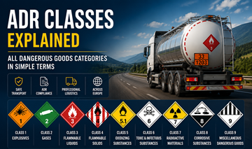 ADR dangerous goods classes with hazard labels and transport categories in Europe