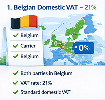Map of Belgium with transport routes showing 21 percent domestic VAT applied on ExusTrans invoices