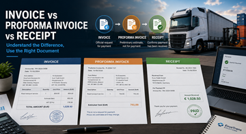 Comparison between invoice proforma invoice and receipt documents in logistics and business accounting